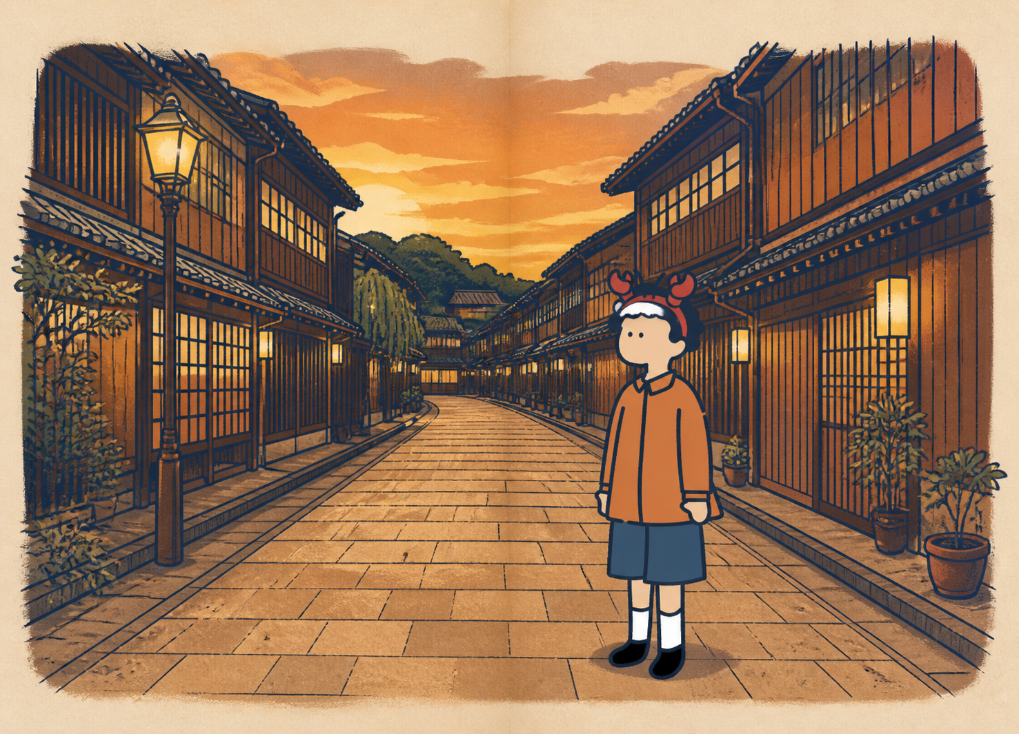 夕暮れの町並みを歩く小さな相棒のイラスト